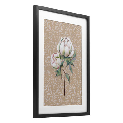 Peony Sprouts over Leaf Pattern Framed Print Under Glass, design by Cady Driver