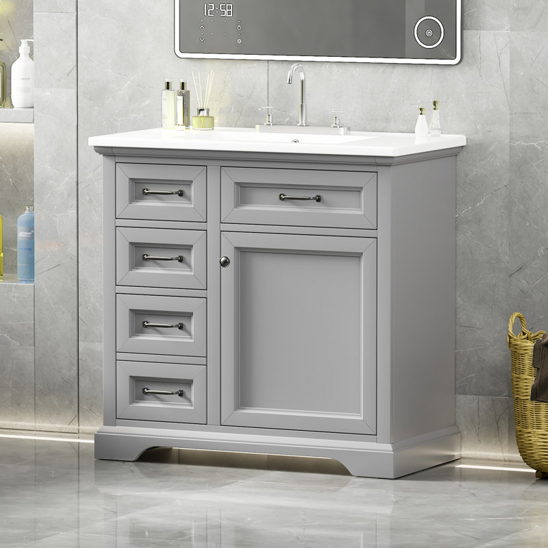 Meuble-lavabo 36 po avec lavabo en céramique - Meuble-lavabo moderne gris clair avec charnières à fermeture douce et tiroirs basculants