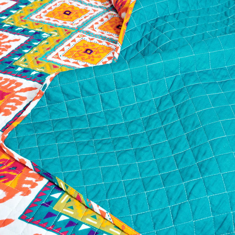Boho Turquoise/Orange/Purple Standard Cotton Reversible 3 Piece Quilt Set, Full/Queen Quilt + 2 Shams