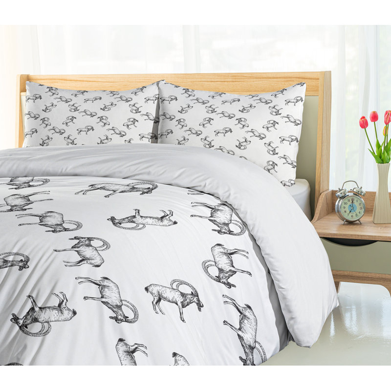 French Country Polyester Floral Duvet Cover, King Duvet Cover + 2 Shams, Sketch Mountain Goats