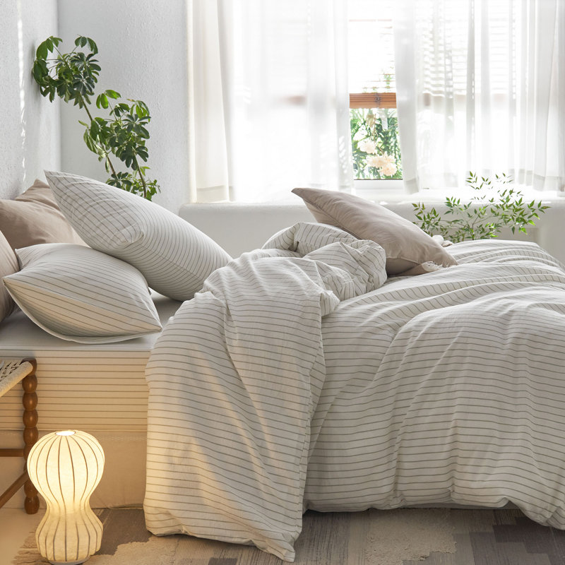 MooMee Striped Duvet Cover Set 100% Washed Cotton Linen Like Textured, Wide Stripes - White/Sage Green