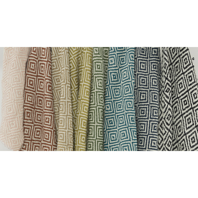 Green and Natural Cotton Geometric Throw Blanket with Fringe