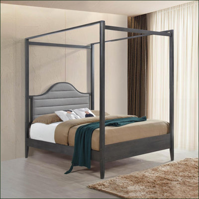Full Size Wooden Canopy Bed with Upholstered Headboard, Wire Brush Brown Finish for Bedroom