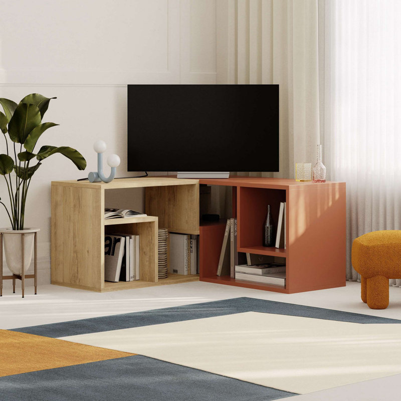 Meuble télé moderne en chêne saphir et cannelle de 57,1 po x 17,6 po x 13,8 po | 100% panneau de particules enduit de mélamine, épaisseur: 0,7 pouce | Supporte jusqu'à 44 lb | Design élégant et fonctionnel pour le salon et les espaces de divertissement
