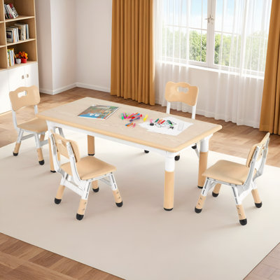 Kids Table and 4 Chair Set, Height Adjustable Toddler Table and Chair Set, Non-Slip Legs, Graffiti Desktop, Large Children Activity Table