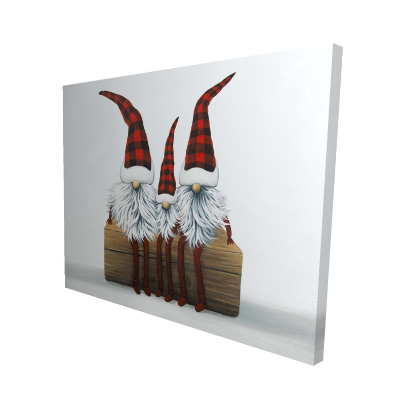 Trois gnomes de Noël - art sur toile rouge