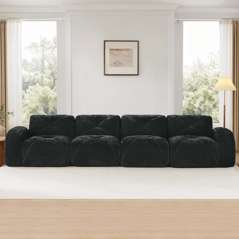  140 Inch Tufted Floor Sofa, Oversized Velvet Frameless Couch, Black