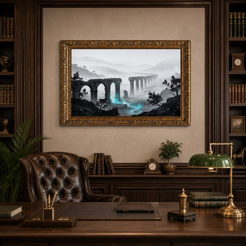 Tableau sur toile représentant des ponts de pierre de Misty Valley enjambant une rivière d'un bleu éclatant, 16"H x 24"W