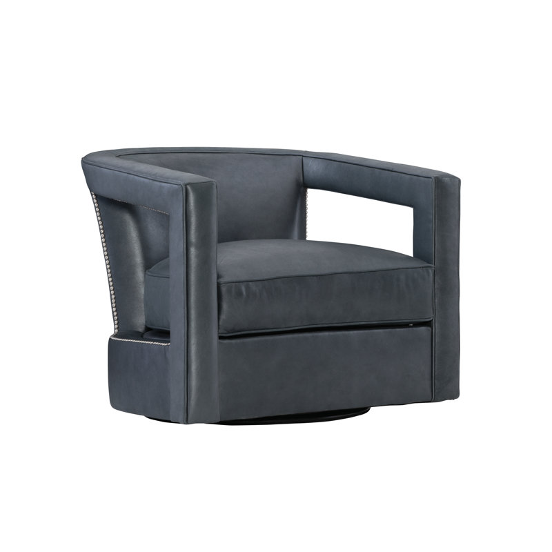Alana 32.5'' Wide Swivel Barrel Chair, Akiko Graphite Performance 5534-011, Bright Nickel