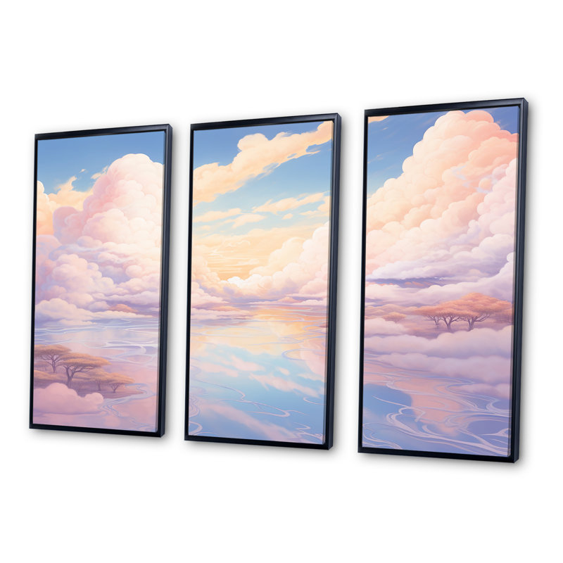Ensemble de décorations murales Kawaii Clouds Landscape II - Sky, Cadre flottant noir, H 32 po x l 48 po x P 1 po