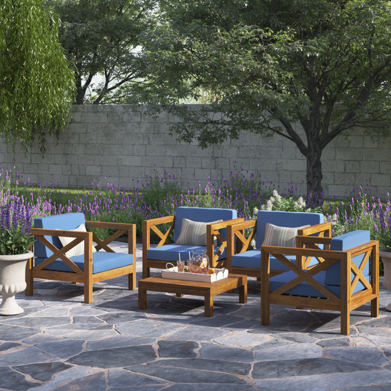 Ensemble de conversation pour patio pour 4 personnes avec coussins Raymo Acacia, Bleu