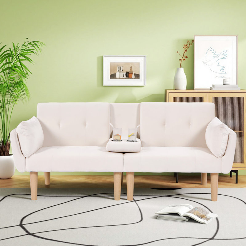 Canapé double pliable beige de 72 pouces, revêtement en velours doux, canapé confortable pour 2 personnes pour salon ou appartement.