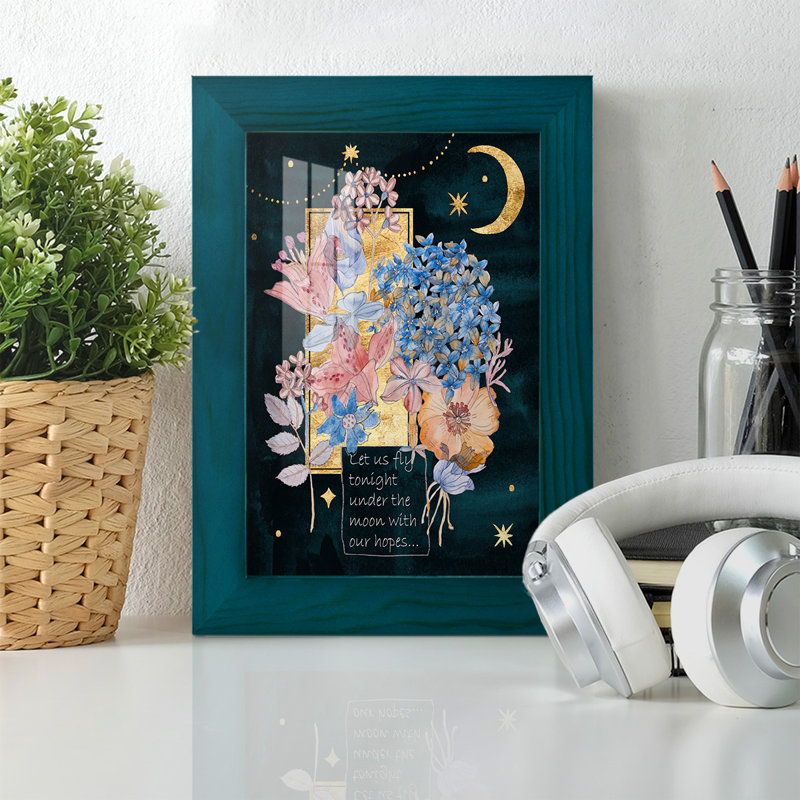 Fleurs au clair de lune I - reproduction d'un seul cadre photo, L 6 po x H 8 po x P 1 po, Cadre bleu