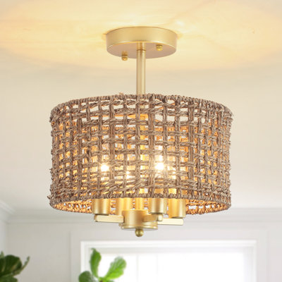 Luminaire suspendu bohémien en rotin naturel semi-encastré 4 lumières 11,81 po à 4 lumières avec abat-jour tambour tissé à la main