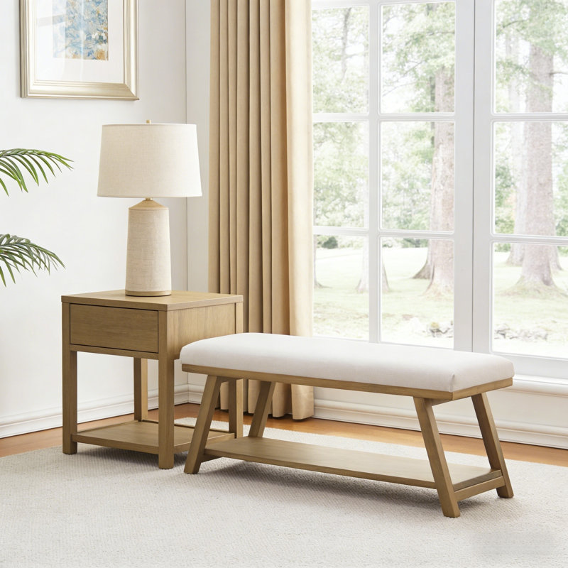Banc de rangement rembourré multifonctionnel, Light Yellow Wood/White
