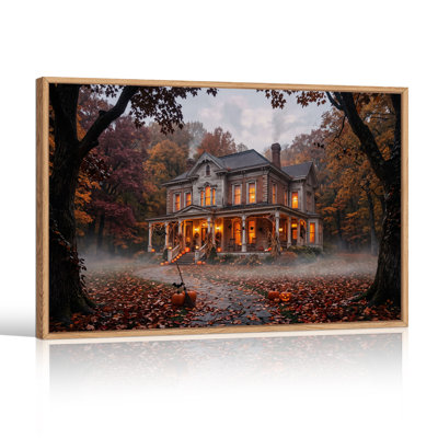 Maison victorienne aux fenêtres illuminées en automne - Tableau sur toile pour l'Halloween