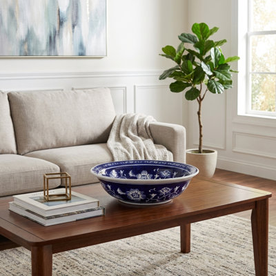 Decorative Chinoiserie Round Ceramic Bowl For Home Decor - Elegant Accent Bowl For Coffee Table, And Classic Tabletop Styling - 14", Blue & White