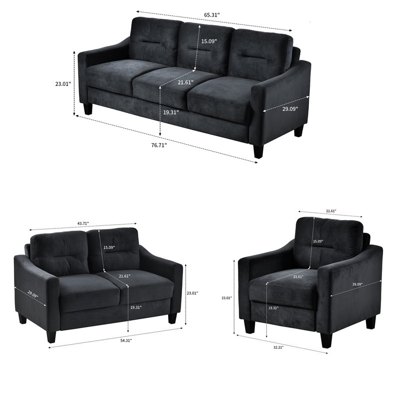 3 - Piece Velvet Living Room Set, Black Velvet, Black