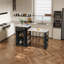 Console d'îlot extensible, avec tiroirs, armoire à deux portes et tablettes ouvertes, sert de table de salle à manger, de bar à déjeuner temporaire et de salon de thé l'après-midi-749249091-749249089