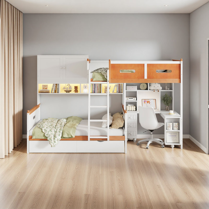 Twin Over Full Wooden Bunk Bed With Desk, Drawers, Shelves, And Cabinet, LED Light
