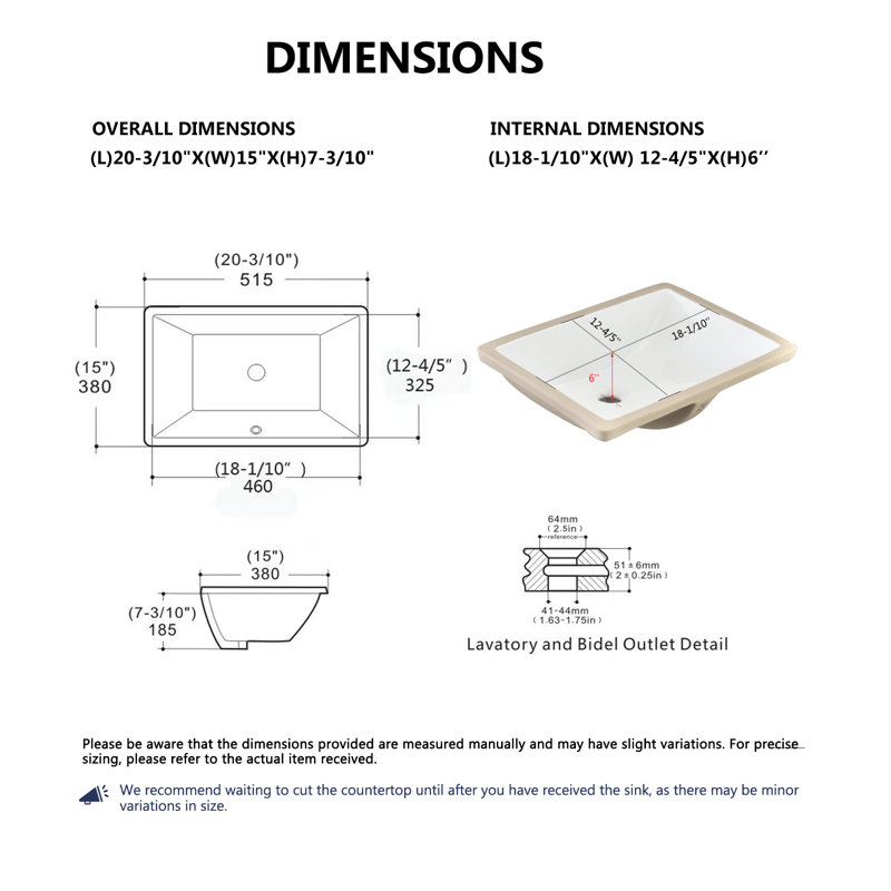 SOUEEUM 15'' Vitreous China Rectangular Bathroom Sink with Overflow