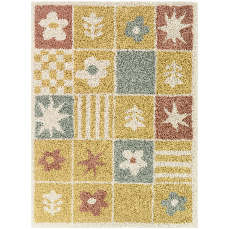 Atlas Yellow Kids Flower Shag Area Rug, 4'4" x 6'