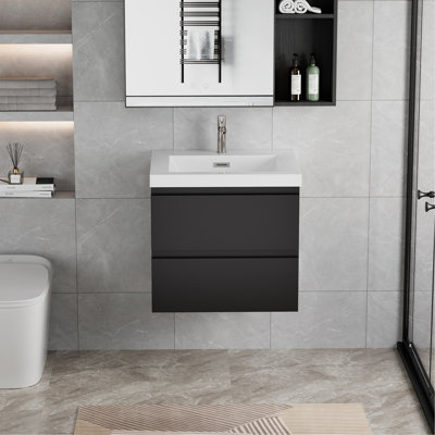 Meuble-lavabo mural 24 po avec lavabo, meuble-lavabo mural moderne avec lavabo en résine et tiroirs à fermeture en douceur 24 po