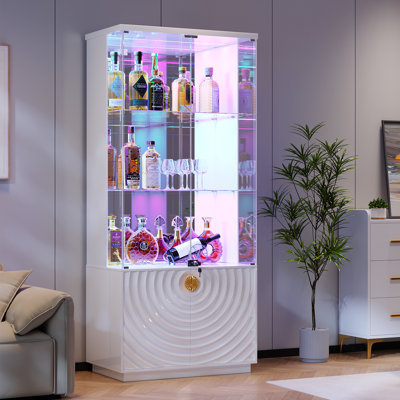 71" Tall Glass Bar Cabinet with RGB LED lighting and motion sensors, Lockable 3-Tier Wine Display Storage Cabinet