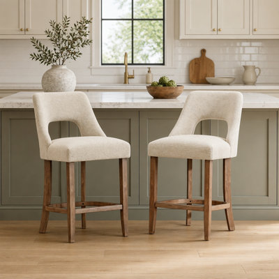 Mid Century Modern Upholstered Bar Stools Set of 2, Comfortable Counter Height with Wooden Legs for Kitchen and Dining