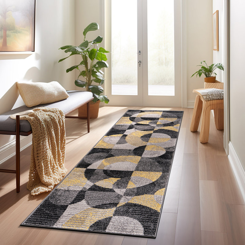 Malica Geometric Yellow/Ivory/Black Area Rug, Runner 2' x 7'