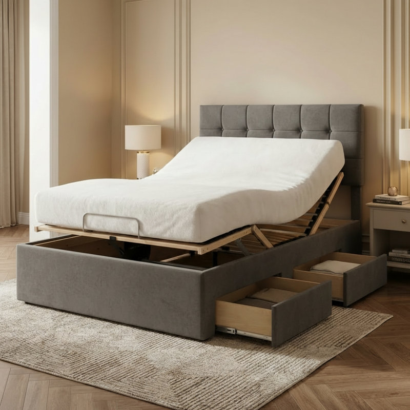 Upholstered Storage Bed, Plush Grey, Double (4ft6): 140 cm x 209 cm