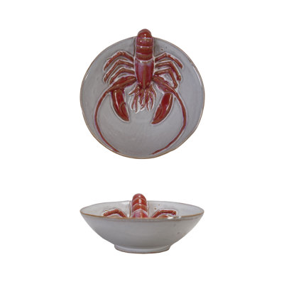Stoneware Bowl With 3D Lobster Design And Reactive Glaze, White And Red, Set Of 2
