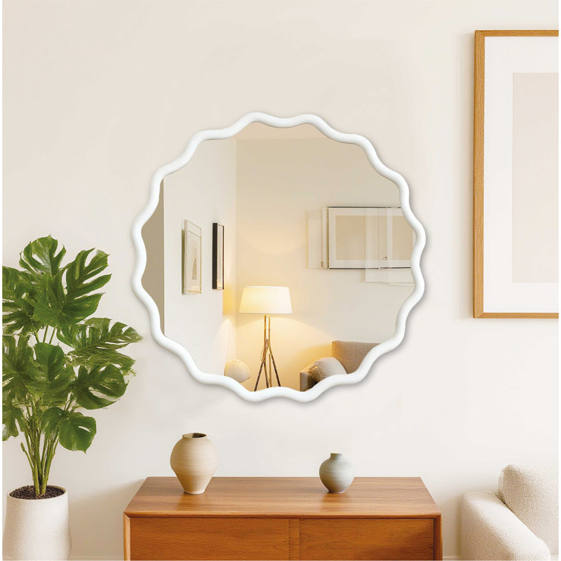 Miroir décoratif rond en bois massif Wavy, Blanc, 36 po x 36 po