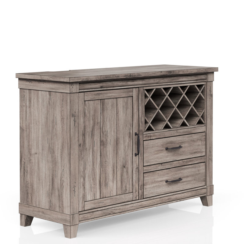Serveuse de salle à manger rustique grise offrant un rangement pour le vin et deux tiroirs, armoire A, prête pour l'électricité, 52 pouces de largeur, 36,5 de hauteur avec compartiment