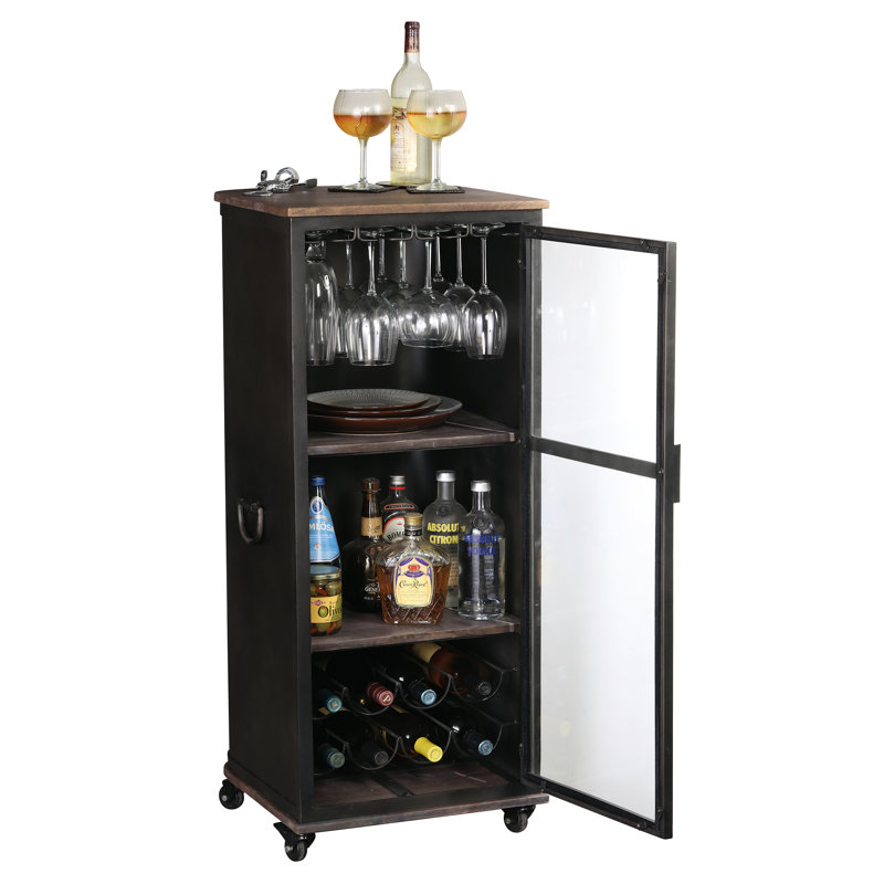 Black Aged Iron and Natural Wood Bar Cabinet with Glass Door