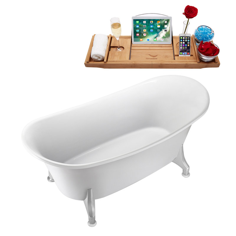59" Streamline Clawfoot Soaking Acrylic Bathtub, White, Polished Chrome