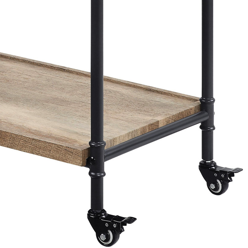 Chariot de service à 2 tablettes avec attrait rustique - chêne et noir sableux, verres à pied pratiques, roues verrouillables, espace de rangement abondant