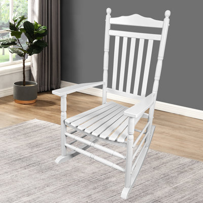 Fauteuil à bascule blanc pour balcon pour adultes de porche en bois massif, siège spacieux et confortable avec accoudoirs, dossier, assemblage facile, bois à limite de poids de 280 lb, avec roulement à lattes