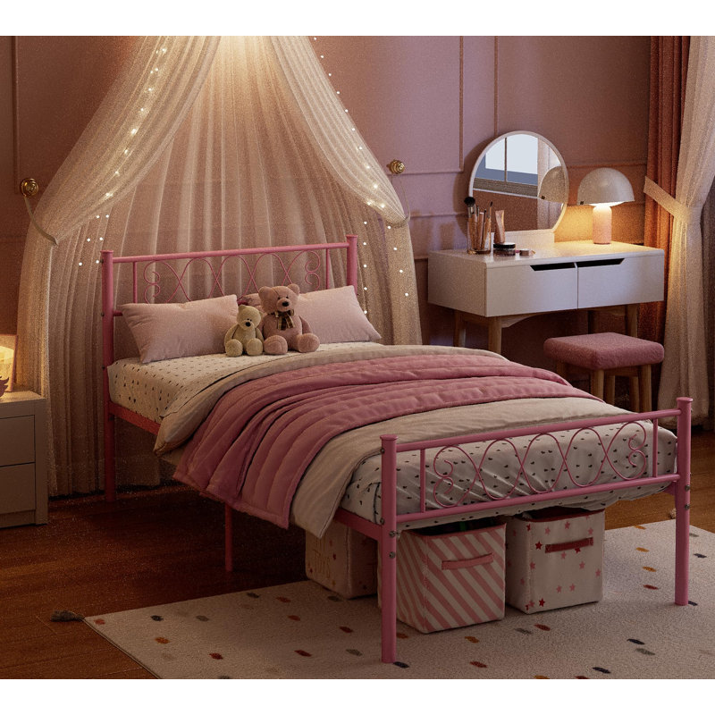 Structure de lit simple en métal XL - tête de lit et pied de lit avec un cœur en fer, lit plateforme simple pour garçons et filles, aucun sommier requis, assemblage facile