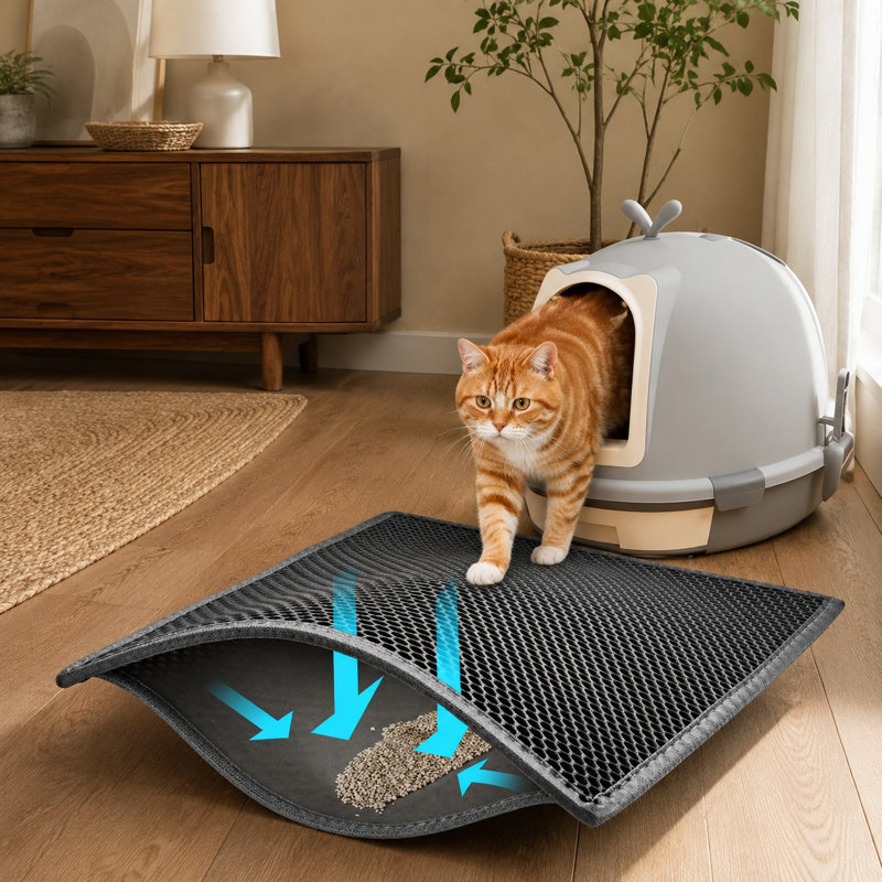 Gray 24 x 15 in cat litter mat with a waterproof double-layer honeycomb structure that catches scattered particles to stop tracking; the urine-proof base shields floors and the surface is easy to clean.