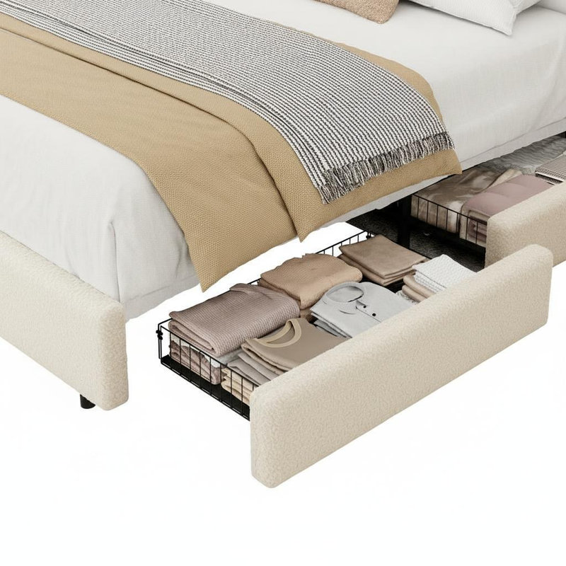 Cream Beige Cozy Fleece Upholstered Twin Bed Frame with Adjustable Cloud Headboard and 2 Storage Drawers No Box Spring Needed