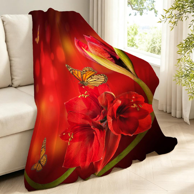 Jeté en molleton rouge flanelle ultra douce, imprimé fleurs recto, Jeté 40 po x 50 po