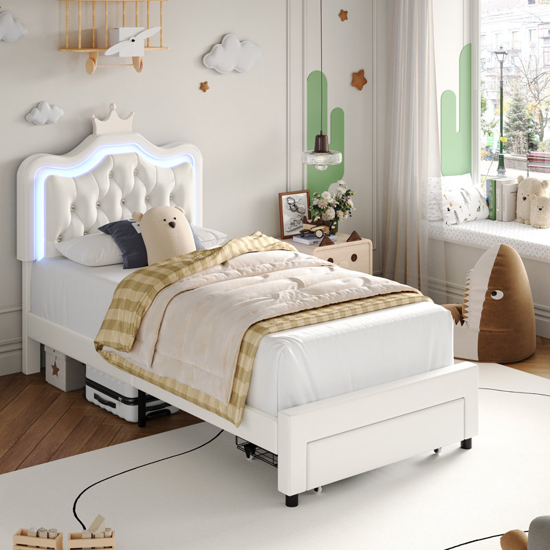 Largent Leather Upholstered Storage Bed with LED Lights and Crown Headboard, Kids Beds, Twin, White