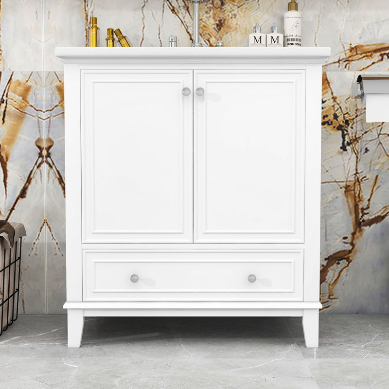 Meuble-lavabo simple autoportant 30 po avec plateau en céramique Nistance, Blanc