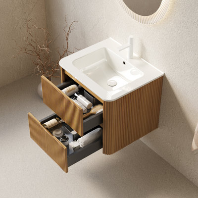 Meuble-lavabo de salle de bain avec rangement mural rayé en contreplaqué flottant mural de 24 po, 2 tiroirs, lavabo rectangulaire en céramique blanche, surface de teinture naturelle, armoire à tiroirs silencieux, sous-comptoir à fermeture en douceur