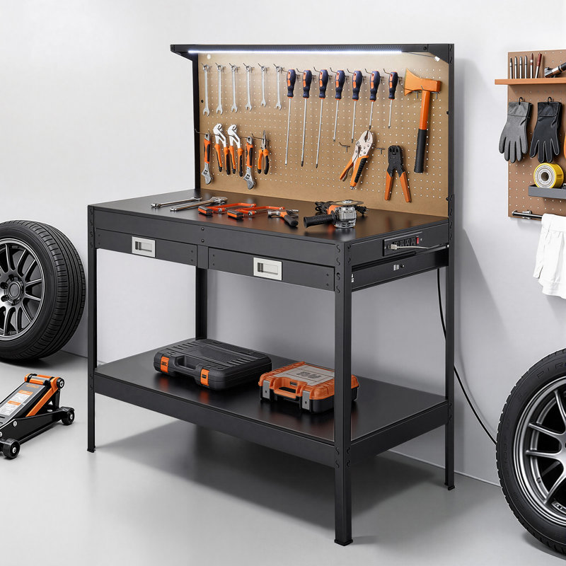 Établi en bois franc, capacité de poids de 242,5 lb, établi robuste de 47,2 po avec panneau perforé, 4 prises CA et 2 ports USB, câble de 4,9 pi et 30 crochets, banc de travail de garage avec tiroir pour atelier