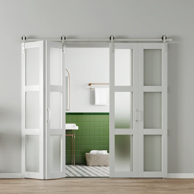 Porte de grange pliante en verre givré double 3-Lite avec quincaillerie argent