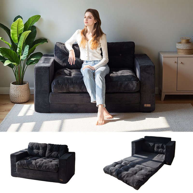 Bean Bag sofa,Floor Sofa Bed Loveseat, Black Corduroy, 29.5" H x 55.5" W x 32" D