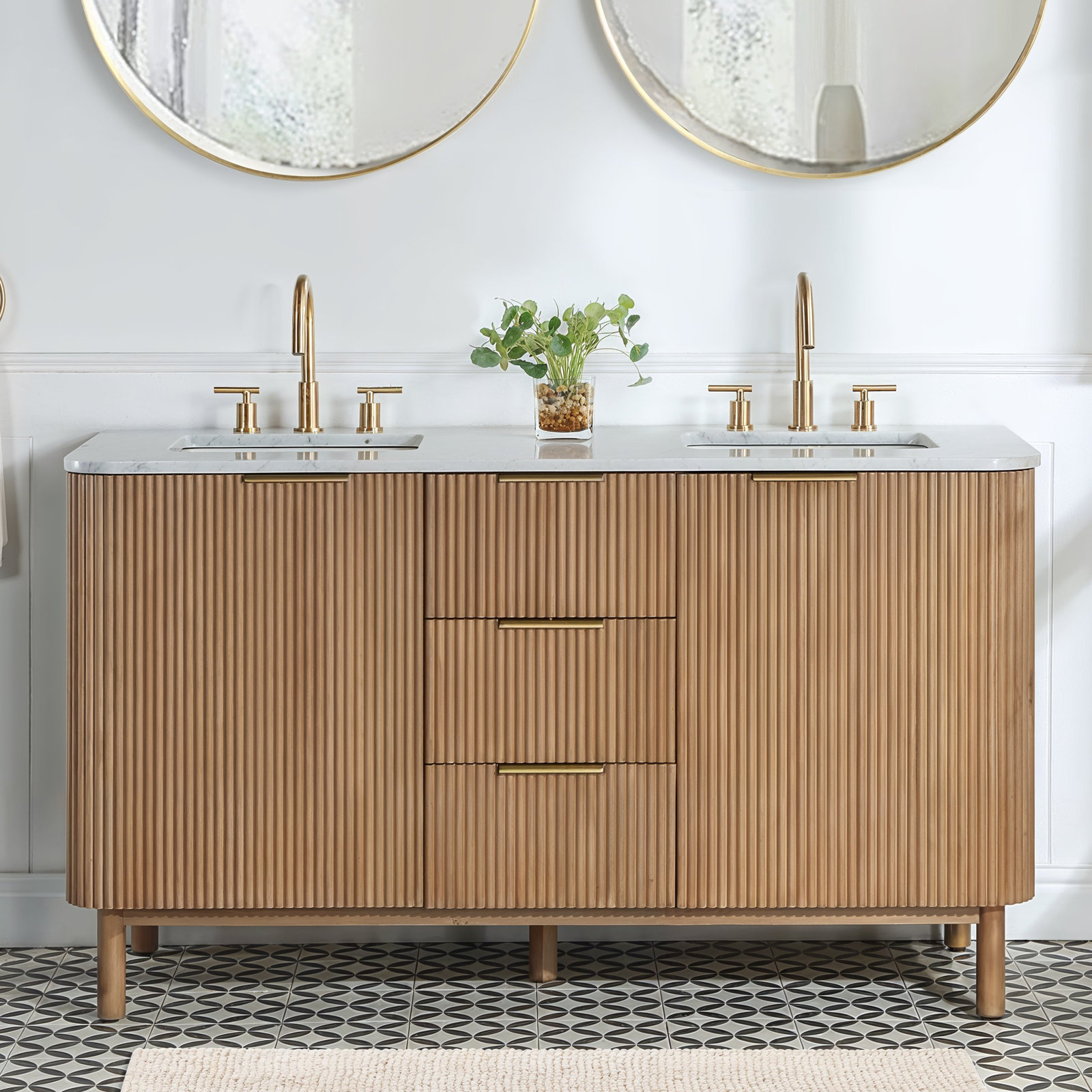 Nova 60" Carrara Marble Double Bathroom Vanity, Reeded Birch