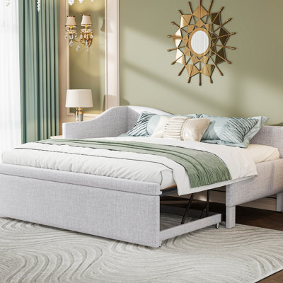Twin Beige Upholstered L - Shaped Daybed With Pull Out Trundle, Ideal For Student Dormitories Size In Expandable King Sized Sleeping